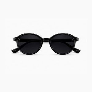 Óculos de sol com design arredondado, armação preta e lentes escuras para um visual moderno e discreto