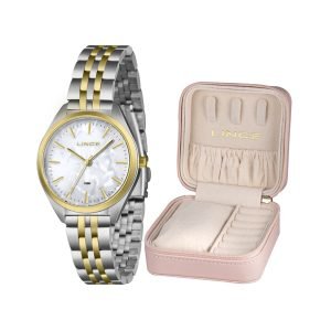 kit relógio Lince feminino prateado com porta-joias visor minimalista a prova d_água LRMM023L36