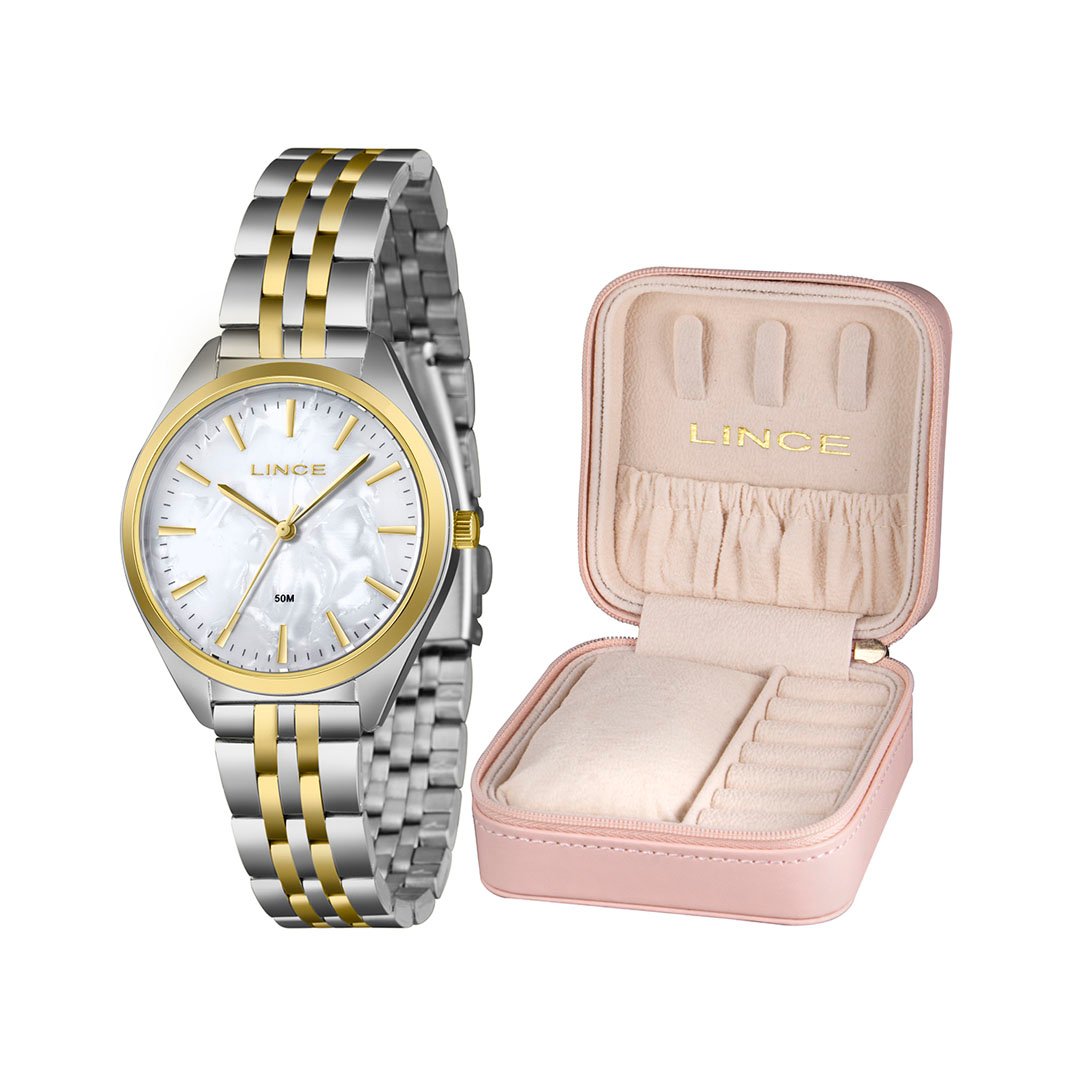 kit relógio Lince feminino prateado com porta-joias visor minimalista a prova d_água LRMM023L36