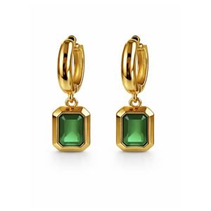 Brinco dourado de argola com pedra verde